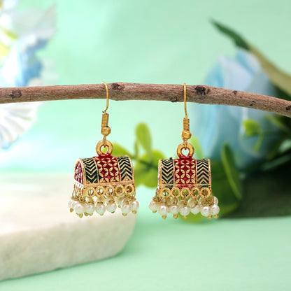 Maroon & Green Color Palki Mint Meena Earrings with Traditional Appeal