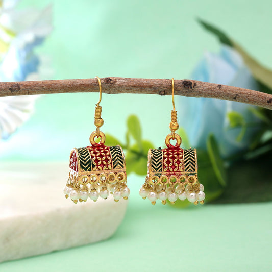 Maroon & Green Color Palki Mint Meena Earrings with Traditional Appeal