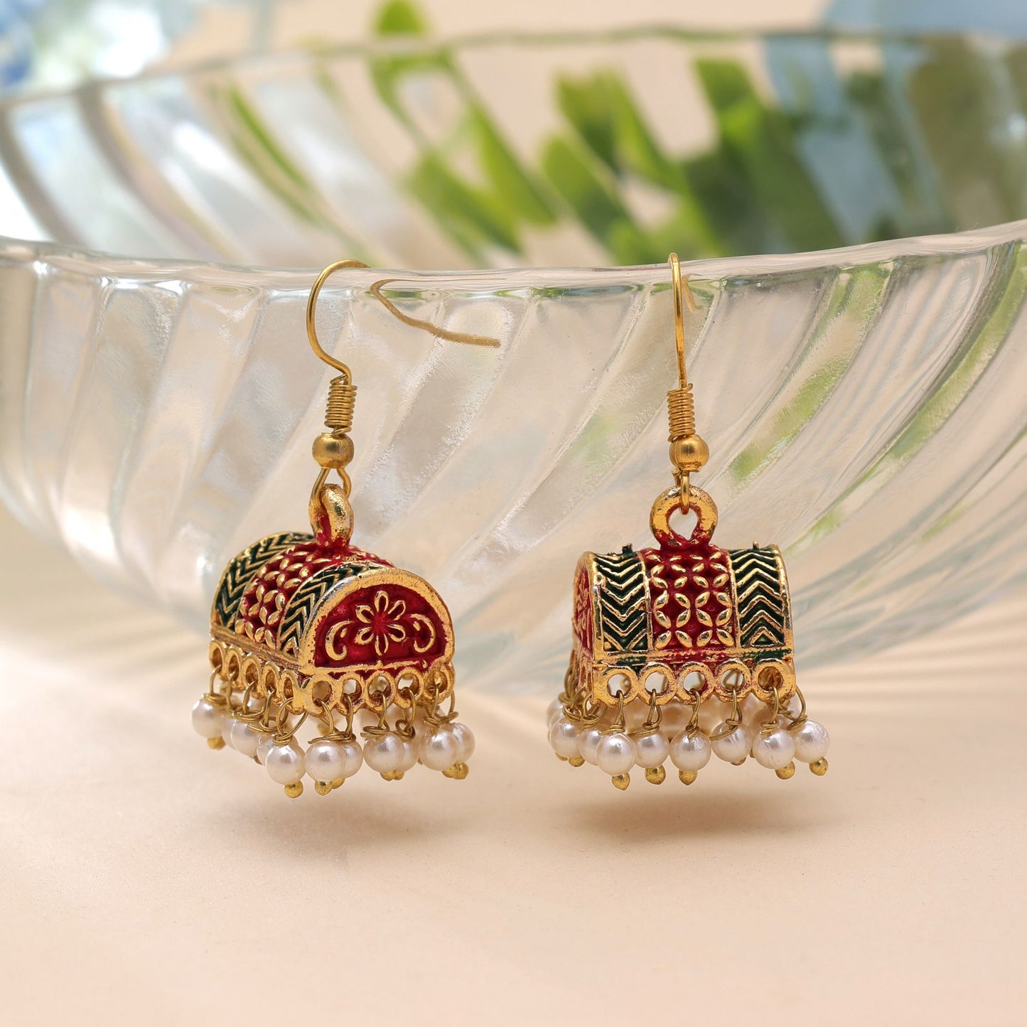 Maroon & Green Color Palki Mint Meena Earrings with Traditional Appeal