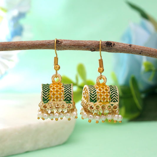 Yellow Color Palki Mint Meena Earrings with Stylish Festive Jewelry Design