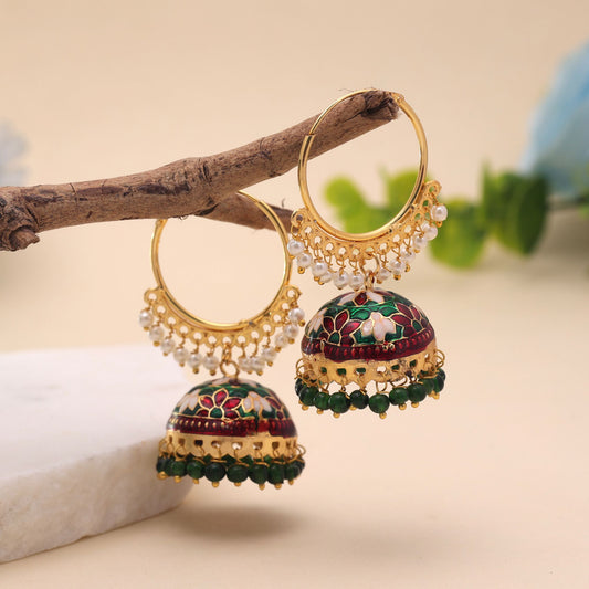 Maroon & Green Color Meenakari Earrings Featuring Royal Traditional Artwork