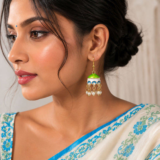 Parrot Green Color Meenakari Earrings Featuring Stylish Festive Wear Traditional Look