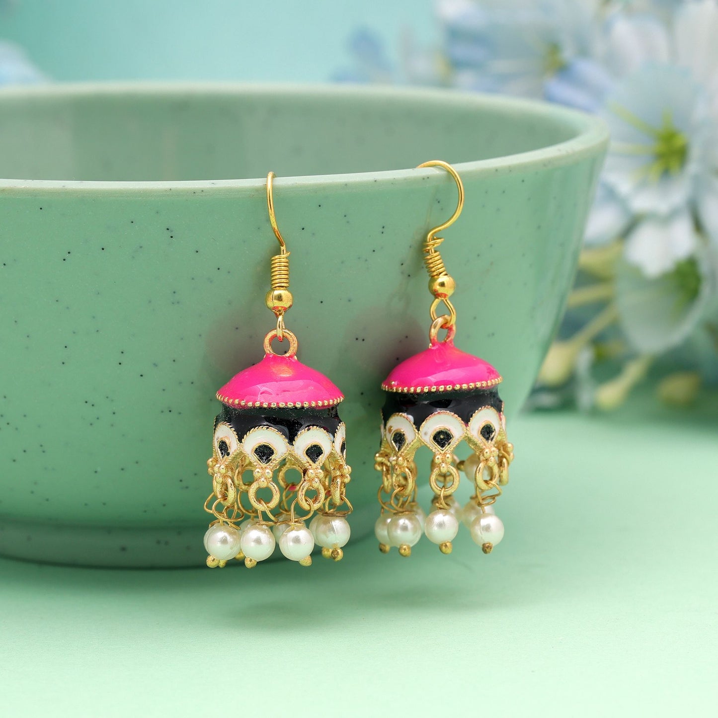 Pink & Black Color Meenakari Earrings Crafted with Trendy Designer Traditional Style