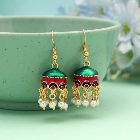 Red & Green Color Meenakari Earrings with Beautiful Royal Ethnic Jewelry Finish