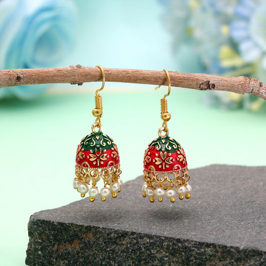 Maroon & Green Color Mint Meena Earrings with Elegant Handmade Ethnic Pattern