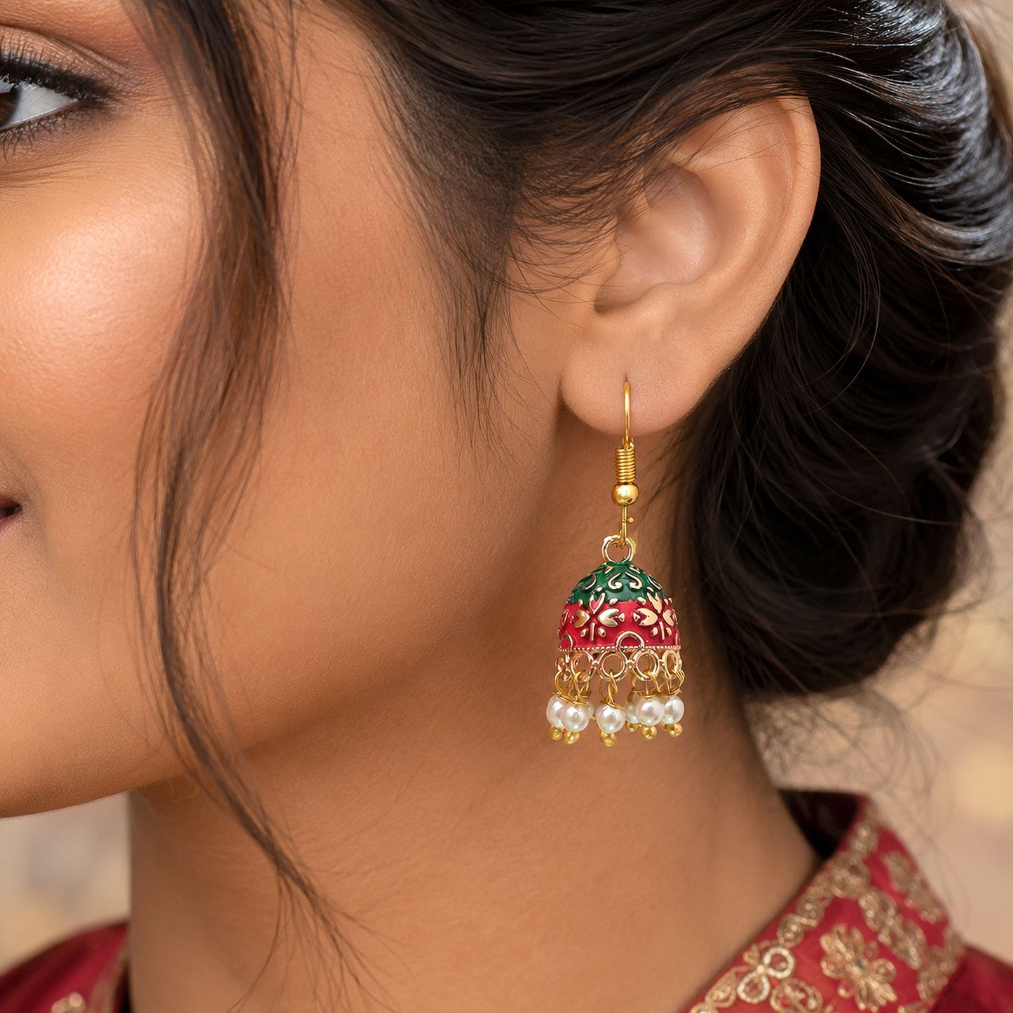 Maroon & Green Color Mint Meena Earrings with Elegant Handmade Ethnic Pattern