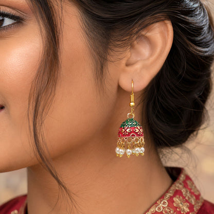 Maroon & Green Color Mint Meena Earrings with Elegant Handmade Ethnic Pattern