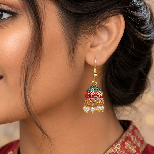 Maroon & Green Color Mint Meena Earrings with Elegant Handmade Ethnic Pattern
