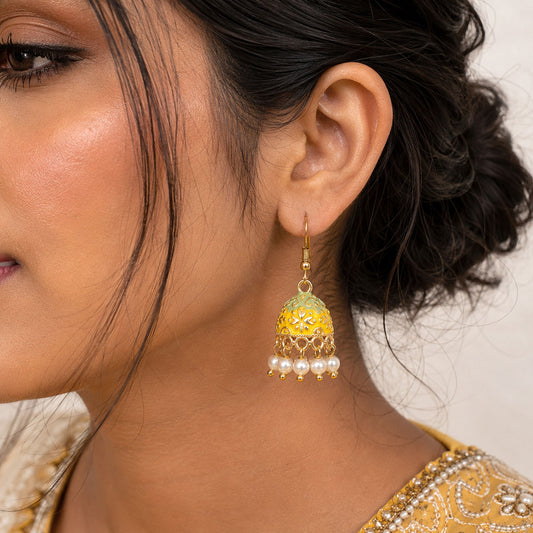 Yellow Color Mint Meena Earrings Featuring Stylish Ethnic Traditional Pattern