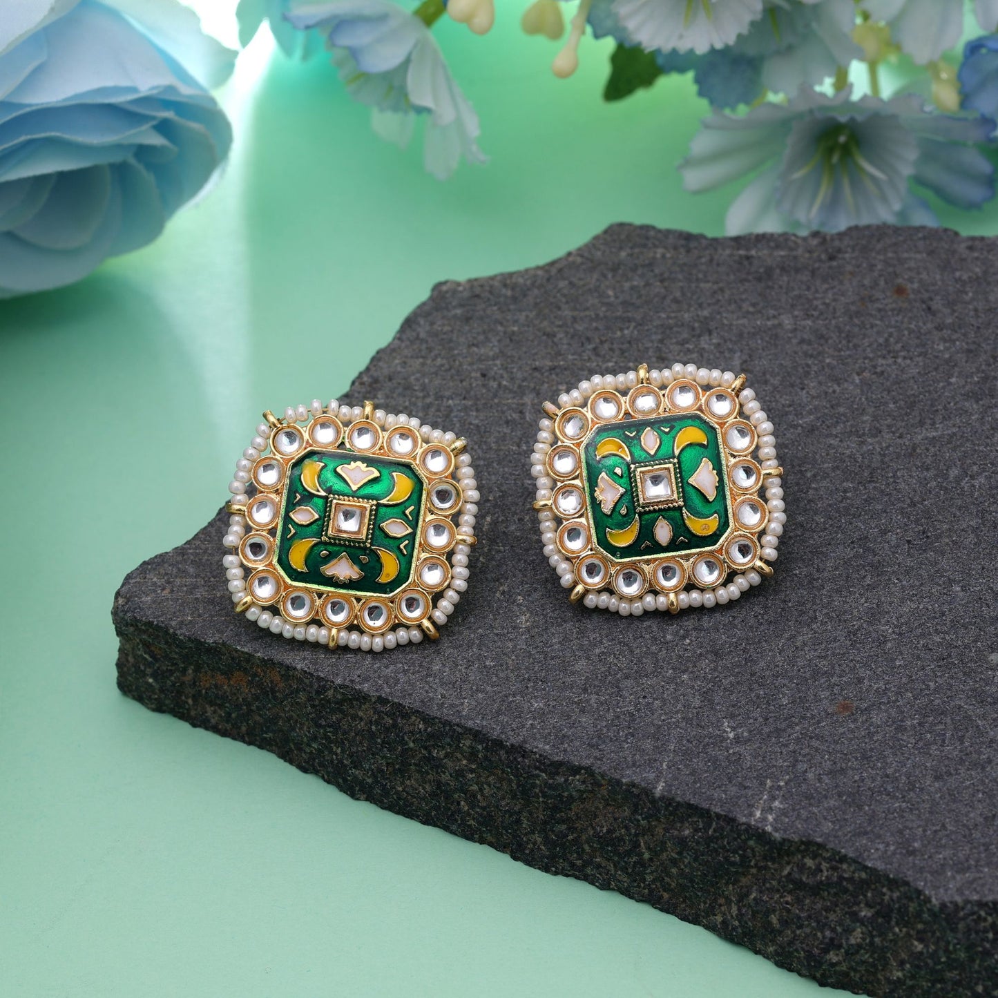 Green Color Meenakari Earrings Crafted with Classic Handmade Jewelry Finish