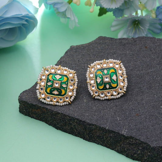 Green Color Meenakari Earrings Crafted with Classic Handmade Jewelry Finish