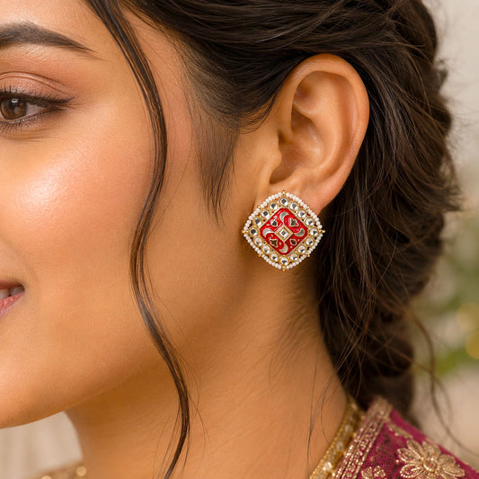 Red Color Meenakari Earrings Crafted with Elegant Festive Jewelry Style