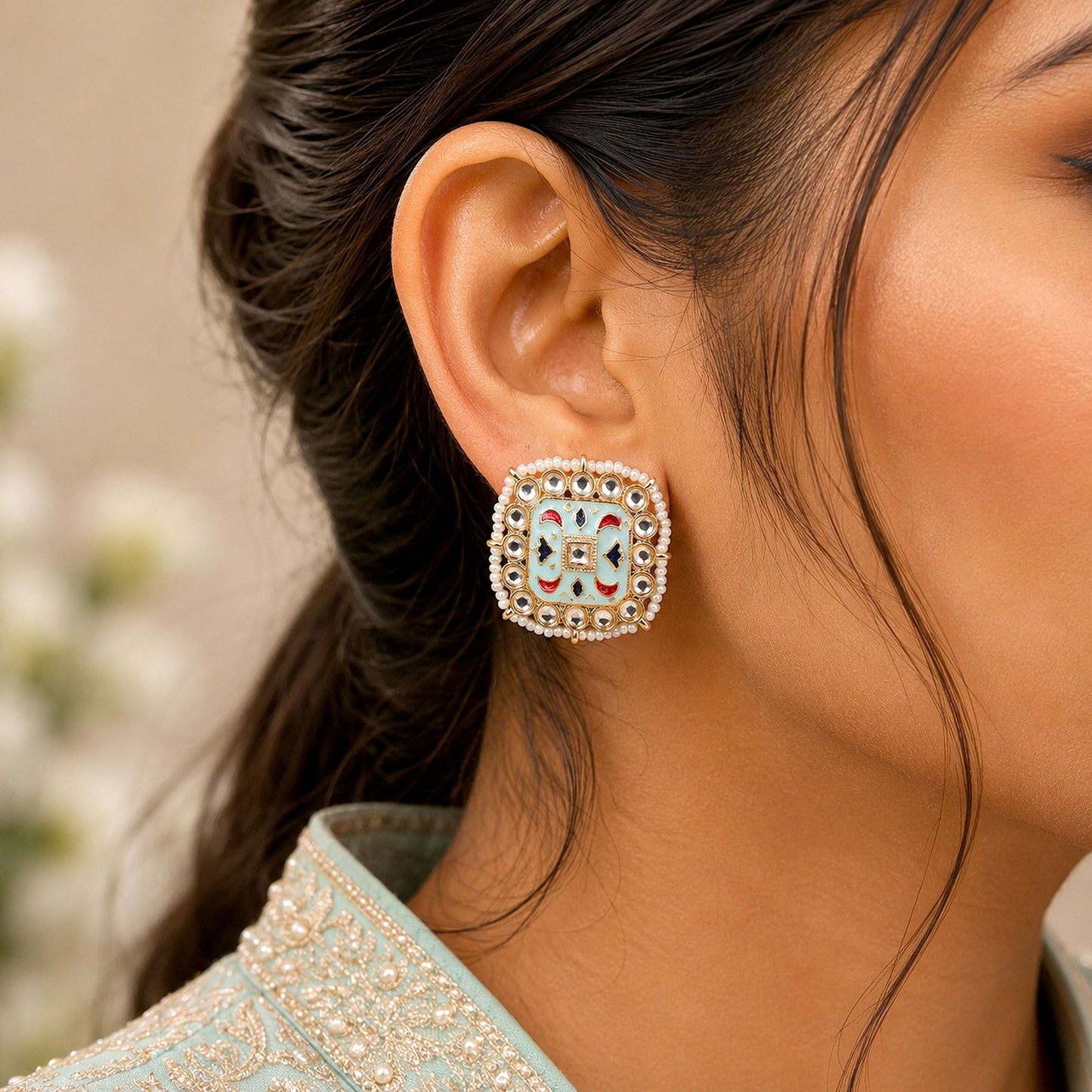 Sky Blue Color Meenakari Earrings with Beautiful Designer Ethnic Appeal