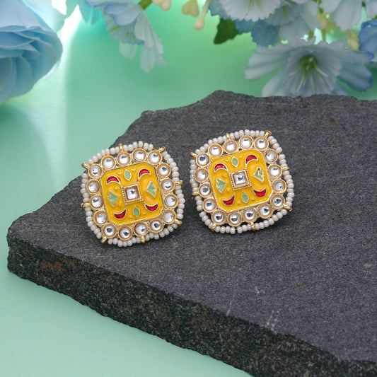 Yellow Color Meenakari Earrings with Stylish Ethnic Handmade Design Appeal