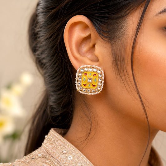Yellow Color Meenakari Earrings with Stylish Ethnic Handmade Design Appeal