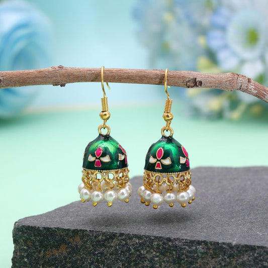 Green Color Meenakari Earrings Featuring Stylish Traditional Handmade Design