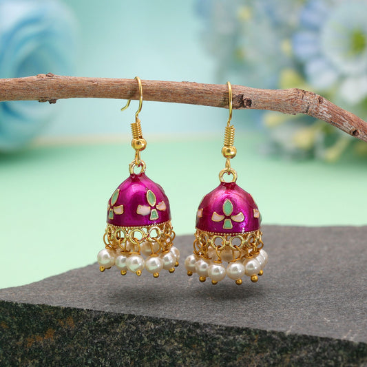 Magenta Color Meenakari Earrings Featuring Beautiful Traditional Designer Finish