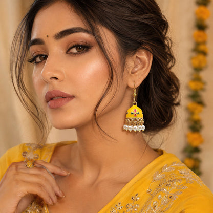 Yellow Color Meenakari Earrings with Royal Ethnic Handmade Jewelry Look