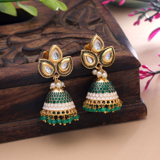 Green Color Meenakari Earrings Crafted with Royal Festive Fashion Design