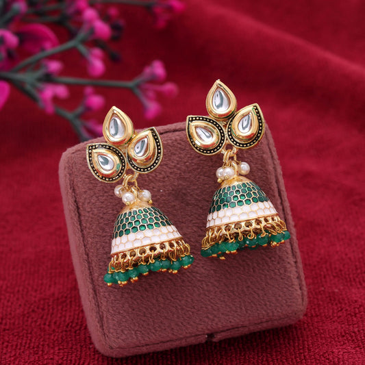 Green Color Meenakari Earrings Crafted with Royal Festive Fashion Design