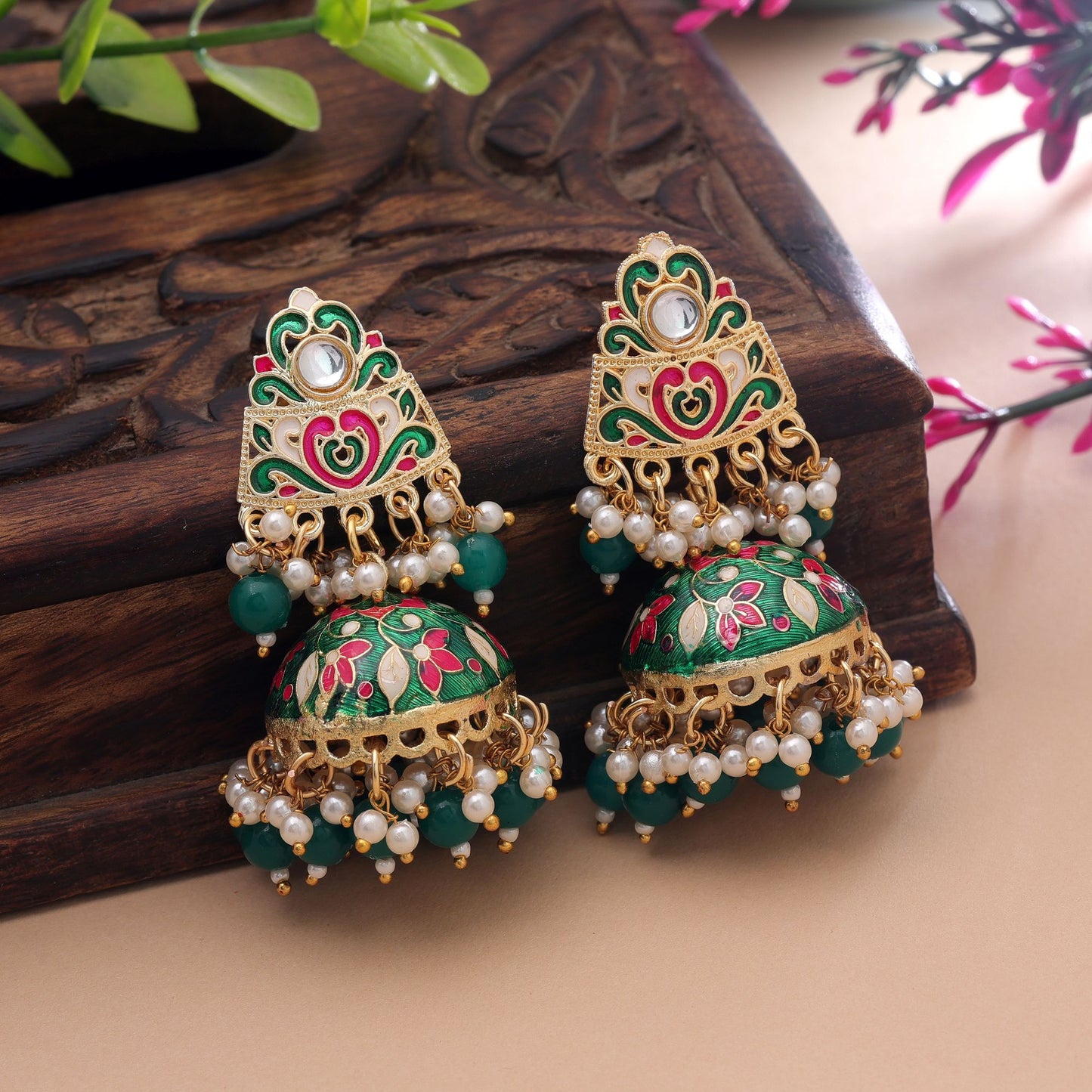 Green Color Meenakari Earrings Crafted with Trendy Handmade Ethnic Style