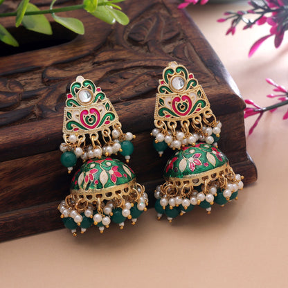 Green Color Meenakari Earrings Crafted with Trendy Handmade Ethnic Style