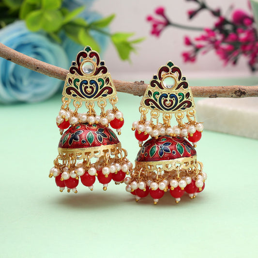 Red Color Meenakari Earrings Crafted with Beautiful Ethnic Fashion Finish