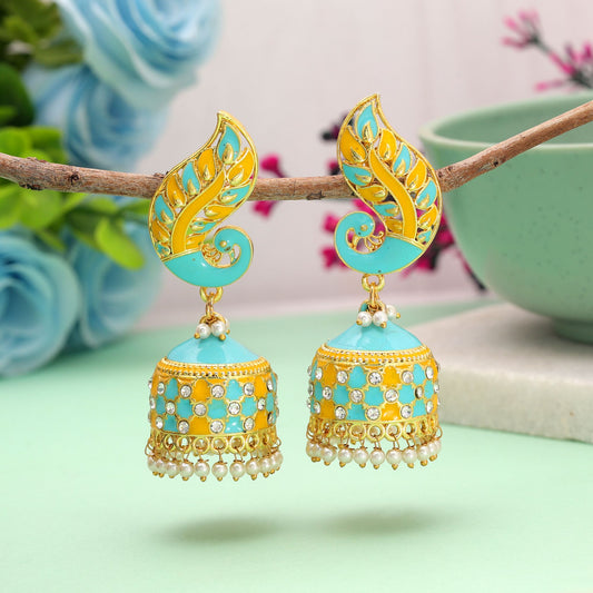 Firozi & Yellow Color Meenakari Earrings with Elegant Traditional Design