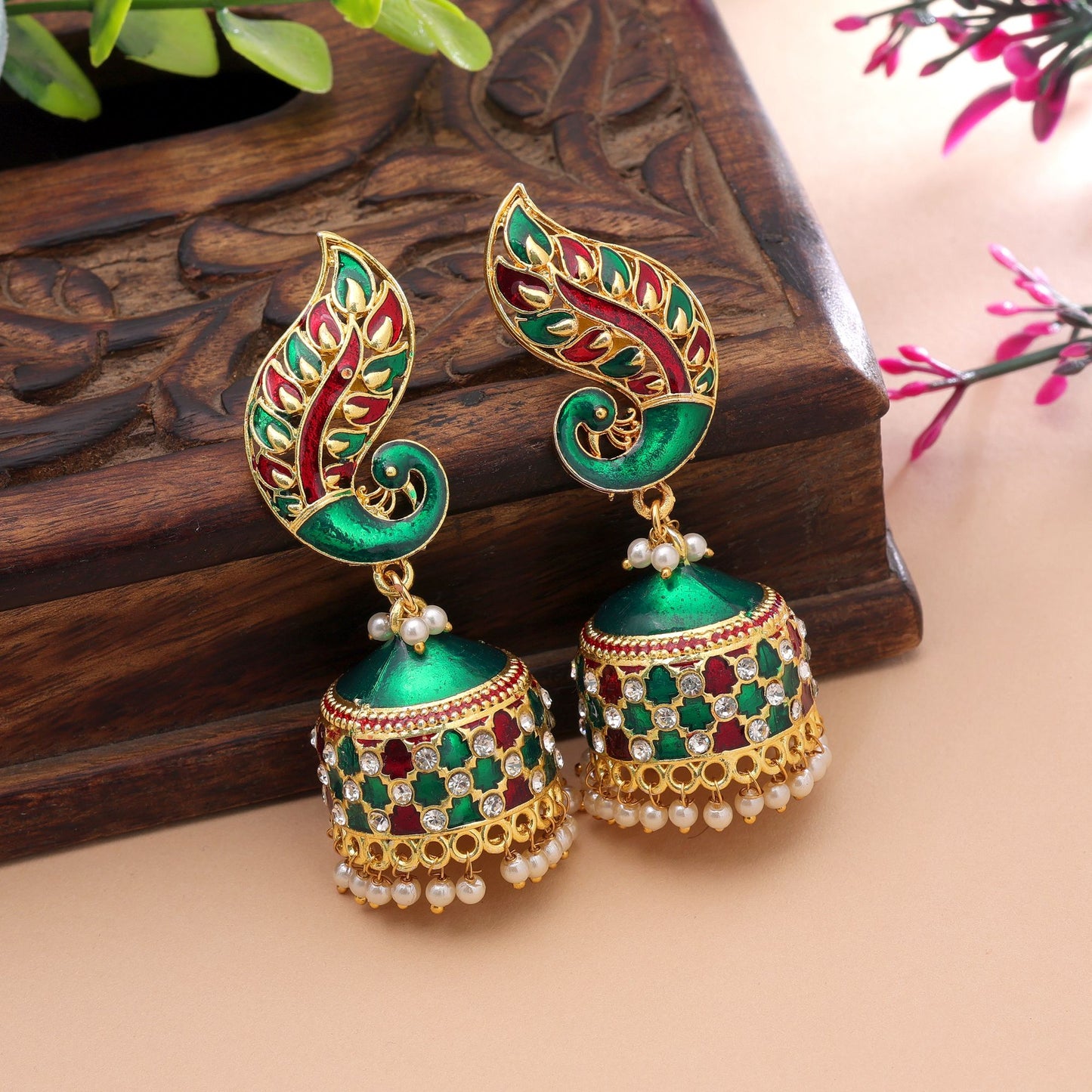 Green & Maroon Color Meenakari Earrings Crafted with Royal Festive Style