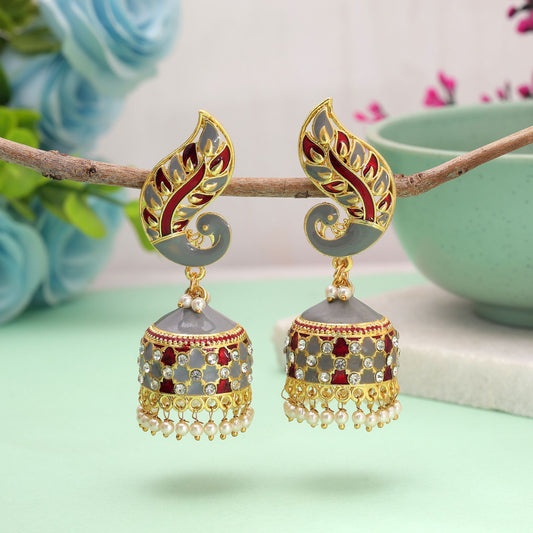 Grey & Red Color Meenakari Earrings with Elegant Ethnic Handmade Finish