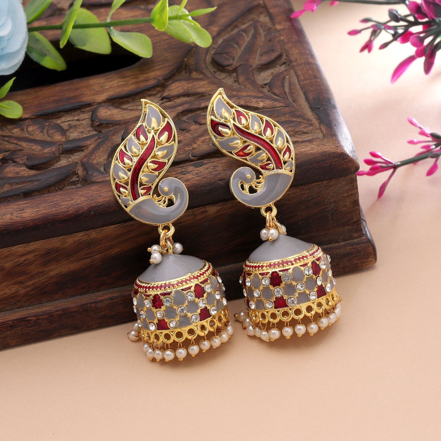 Grey & Red Color Meenakari Earrings with Elegant Ethnic Handmade Finish