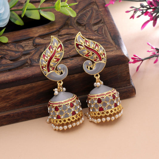 Grey & Red Color Meenakari Earrings with Elegant Ethnic Handmade Finish