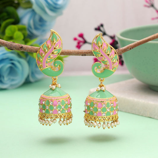 Pista Green & Light Pink Color Meenakari Earrings with Designer Appeal