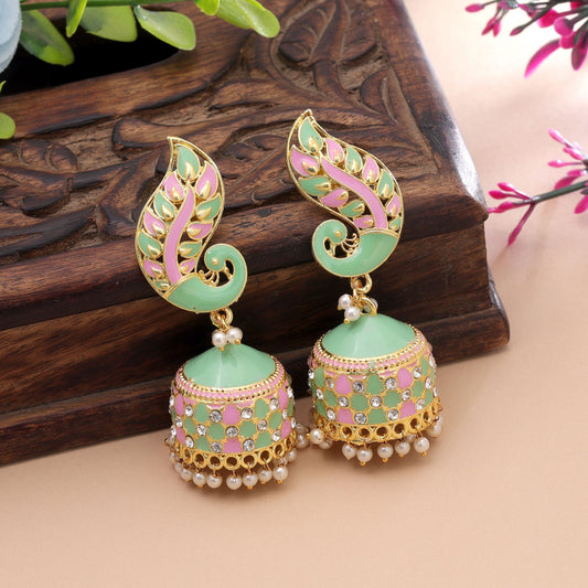 Pista Green & Light Pink Color Meenakari Earrings with Designer Appeal