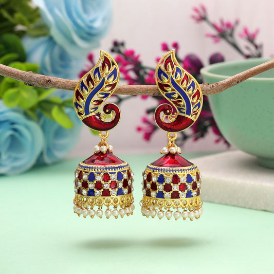 Red & Blue Color Meenakari Earrings Featuring Beautiful Traditional Pattern