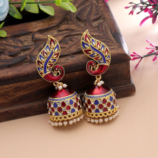 Red & Blue Color Meenakari Earrings Featuring Beautiful Traditional Pattern