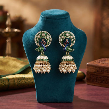 Green Color Meenakari Earrings Featuring Beautiful Handmade Ethnic Fashion Style