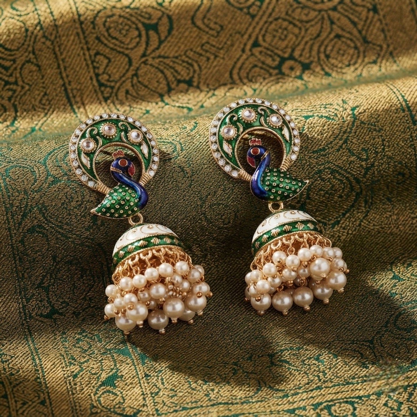 Green Color Meenakari Earrings Featuring Beautiful Handmade Ethnic Fashion Style