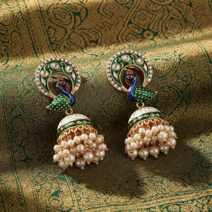 Green Color Meenakari Earrings Featuring Beautiful Handmade Ethnic Fashion Style