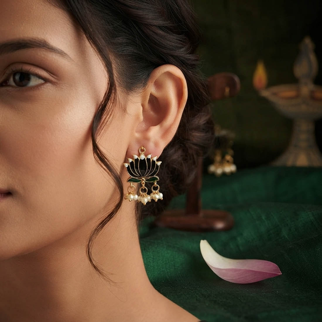 Black Color Beautiful Lotus Design Meenakari Earrings Collection For Women And Girls