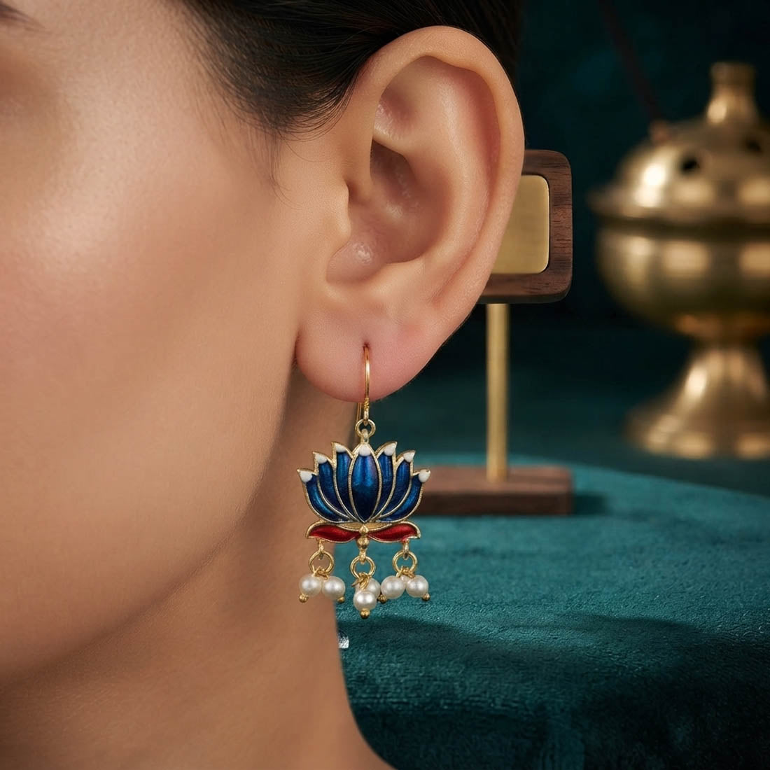 Blue Color Beautiful Lotus Design Meenakari Earrings Collection For Women And Girls
