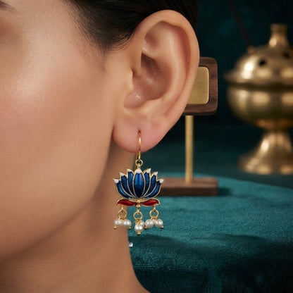 Blue Color Beautiful Lotus Design Meenakari Earrings Collection For Women And Girls