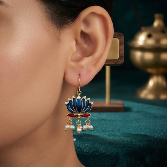 Blue Color Beautiful Lotus Design Meenakari Earrings Collection For Women And Girls