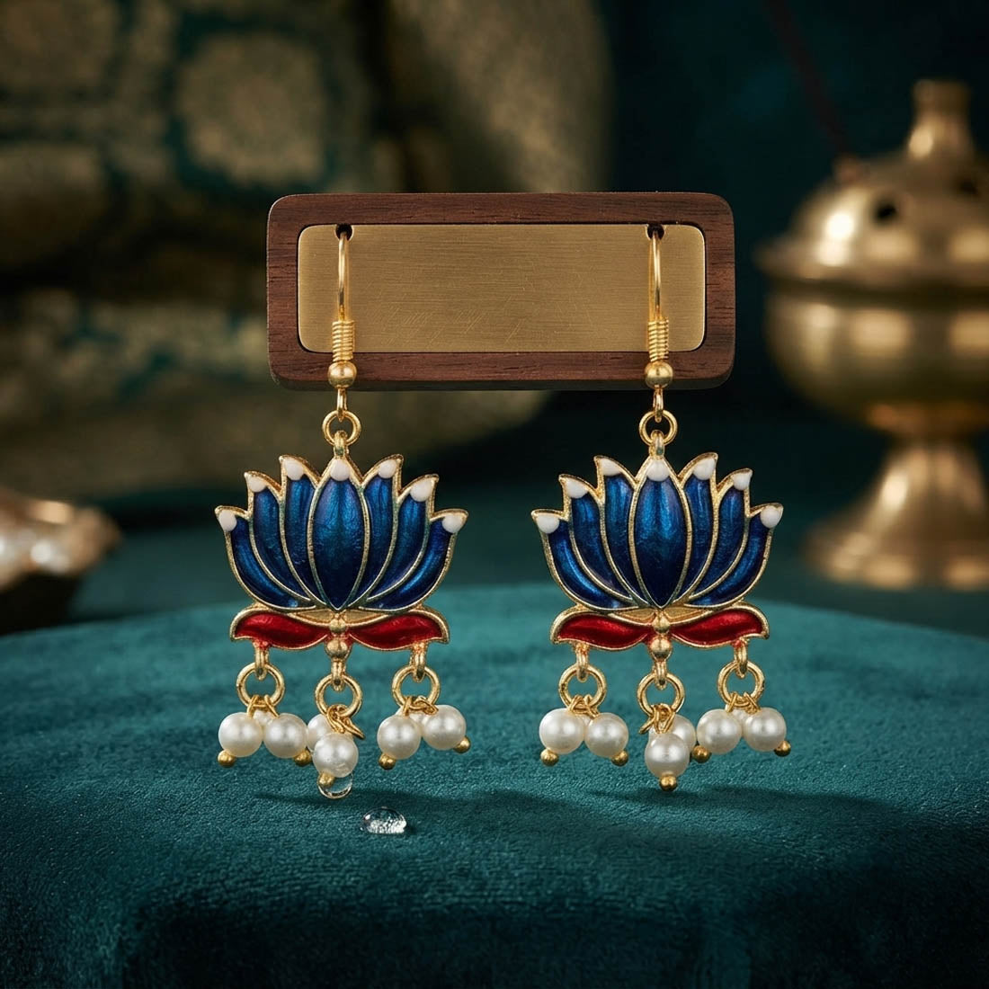 Blue Color Beautiful Lotus Design Meenakari Earrings Collection For Women And Girls