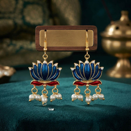 Blue Color Beautiful Lotus Design Meenakari Earrings Collection For Women And Girls