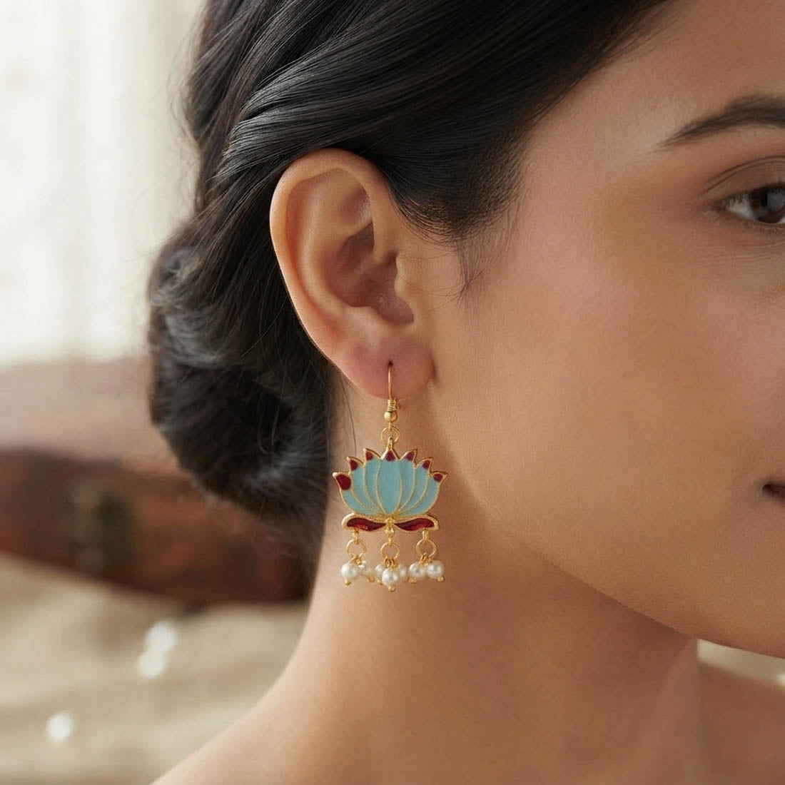 Firozi Color Beautiful Lotus Design Meenakari Earrings Collection For Women And Girls