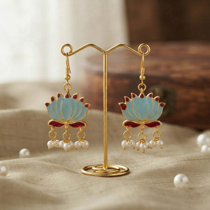 Firozi Color Beautiful Lotus Design Meenakari Earrings Collection For Women And Girls