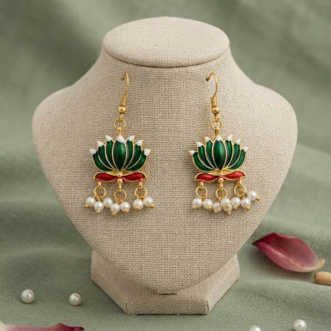 Green Color Beautiful Lotus Design Meenakari Earrings Collection For Women And Girls