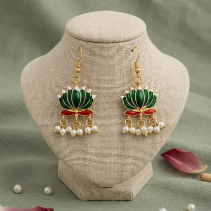 Green Color Beautiful Lotus Design Meenakari Earrings Collection For Women And Girls