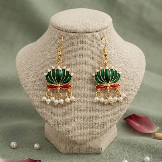 Green Color Beautiful Lotus Design Meenakari Earrings Collection For Women And Girls
